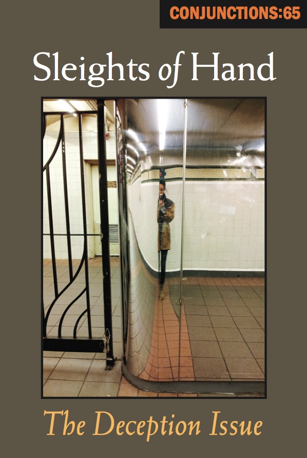 Cover art by Desiree Des, "Subway Wall," 2013, digital photograph, from the series "Avoiding the Self-Portraits." ©2015 Desiree Des; all rights reserved by the artist. [Release Reading for Conjunctions:65, Sleights of Hand: The Deception Issue]